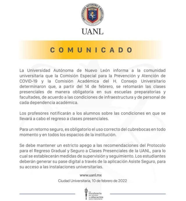 Anuncia Uanl Regreso A Clases De Manera Obligatoria Fomentando Los